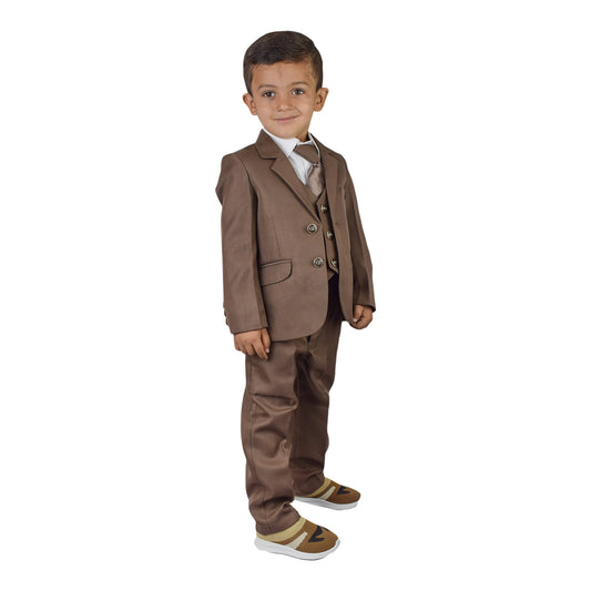 Boys 4-Piece Suit Set – Brown, Blue & Gray Formal Style