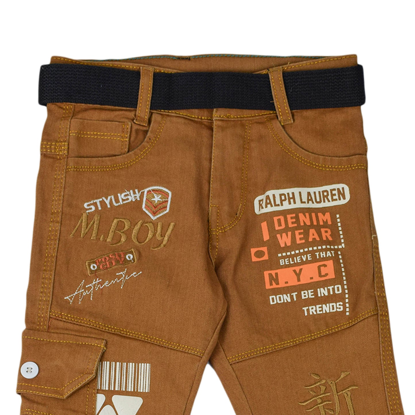 Boys Brown Cargo Denim Pants with Embroidered Patches
