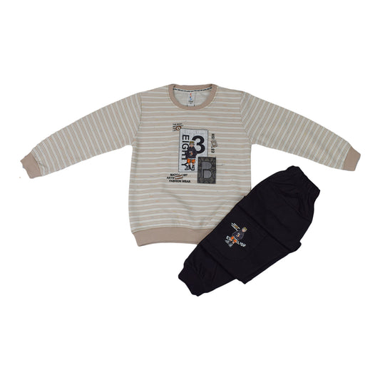 Boys Cartoon Printed Winter Lining Shirt & Trouser Set | Cream & Black Fleece