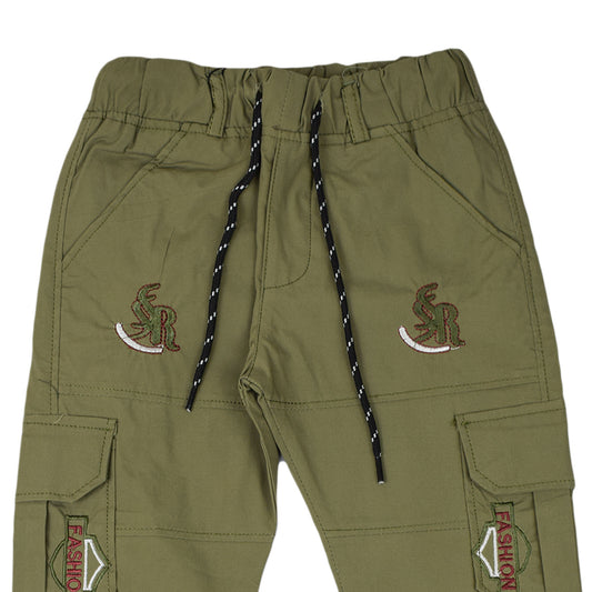 Boys Green Cargo Jogger Pants : Stylish Cotton Trousers for Kids