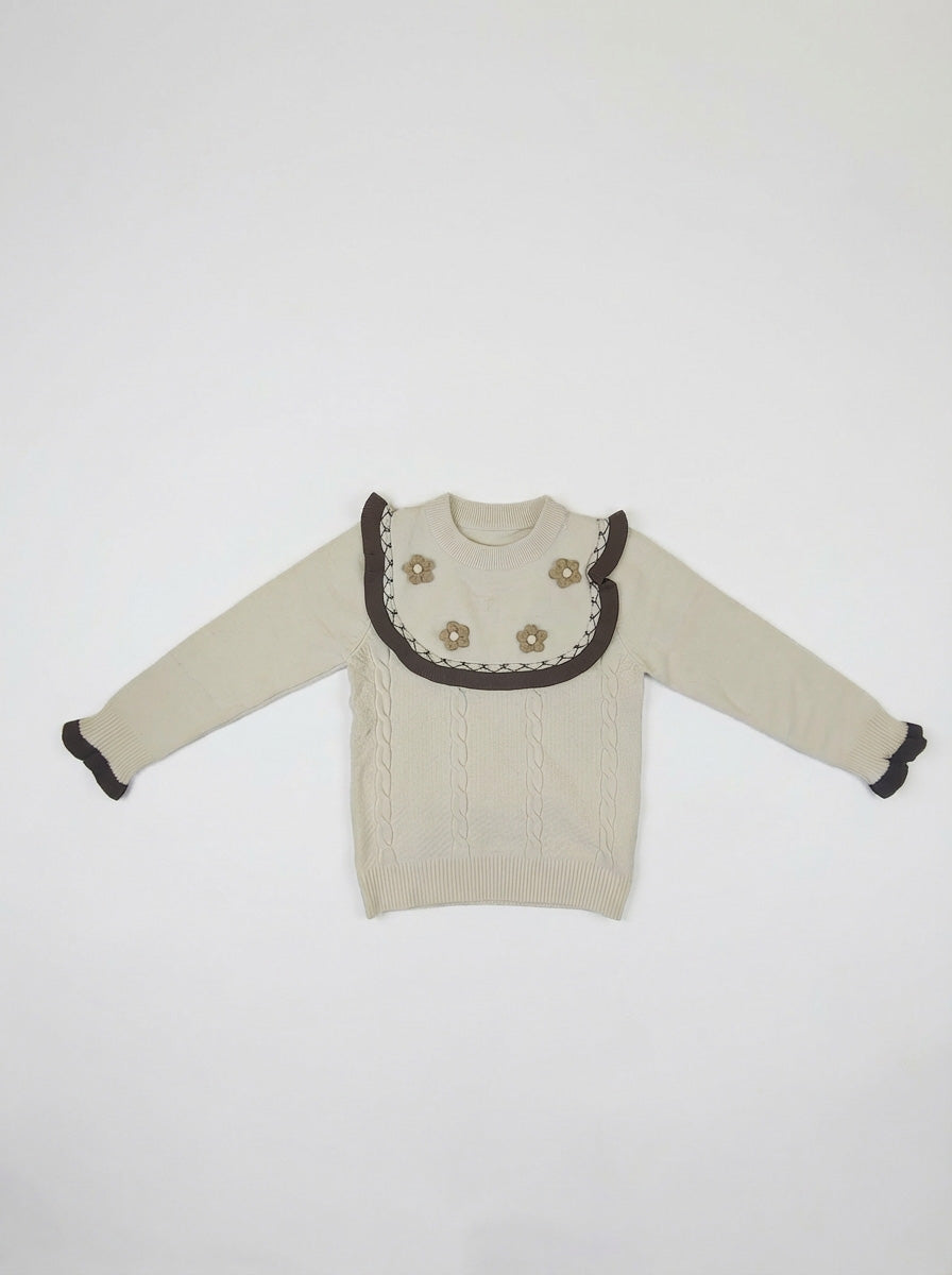 Cream Knit Sweater for Girls | Floral Detail Winter Top