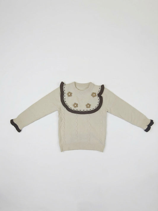 Cream Knit Sweater for Girls | Floral Detail Winter Top