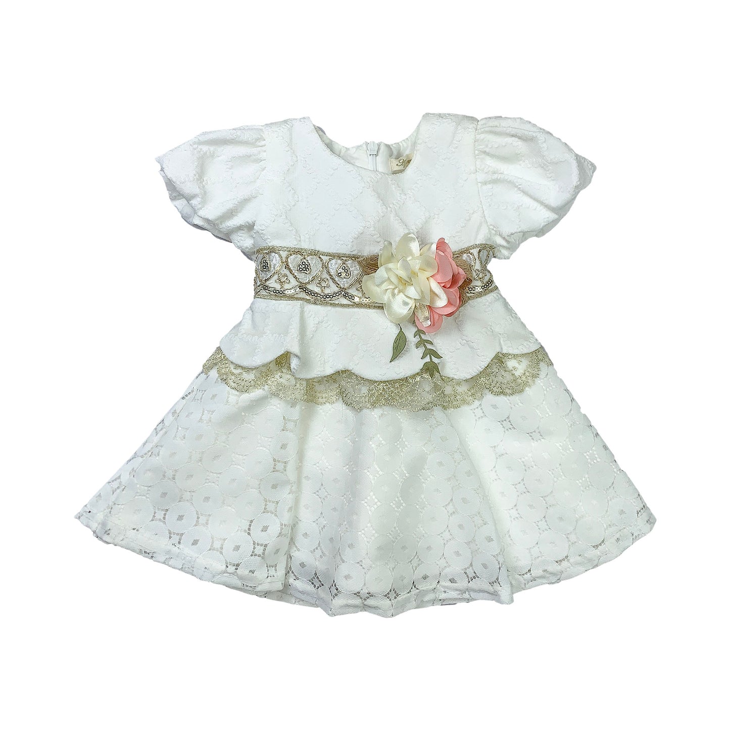 Elegant Baby Girl Pink and white Lace Frock with Floral Waist Design