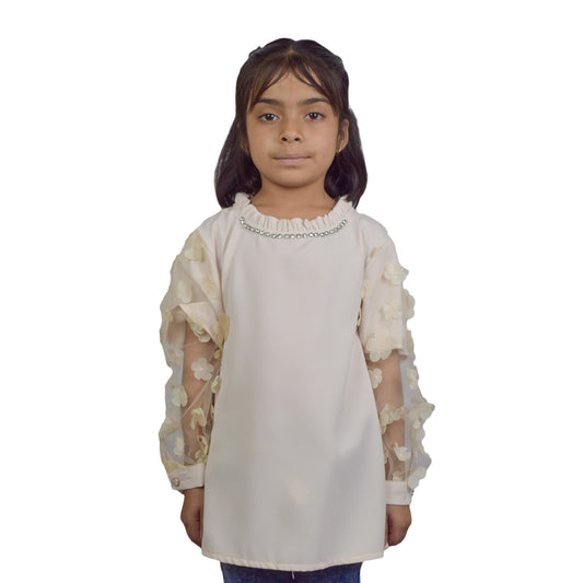 Girls Cream & Pink Floral Sleeve Top | Elegant Party Wear by Kidzaar