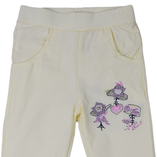 Girls Cream Trouser with Embroidered Floral Design