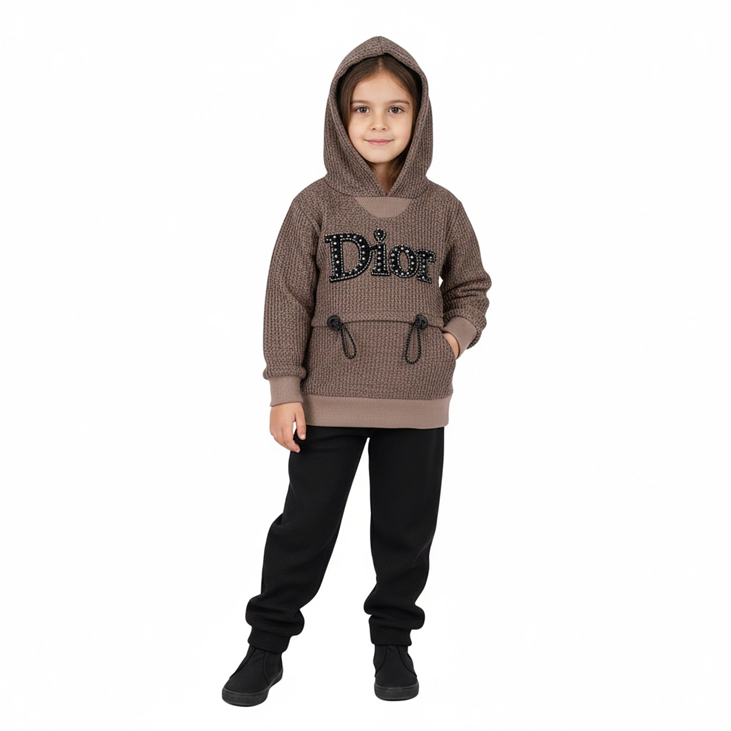 Girls Dior Sweater Set – Stylish Winter Outfit with Black Bottom in Brown