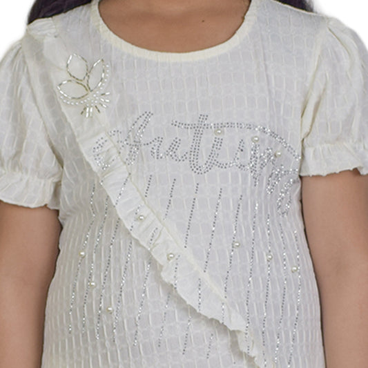 Girls Half White Fancy Kurti & Trouser Set Pearl Embellished Party Wear