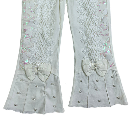 Girls Fancy White Trouser – Pearl & Lace Design with Elegant Bows