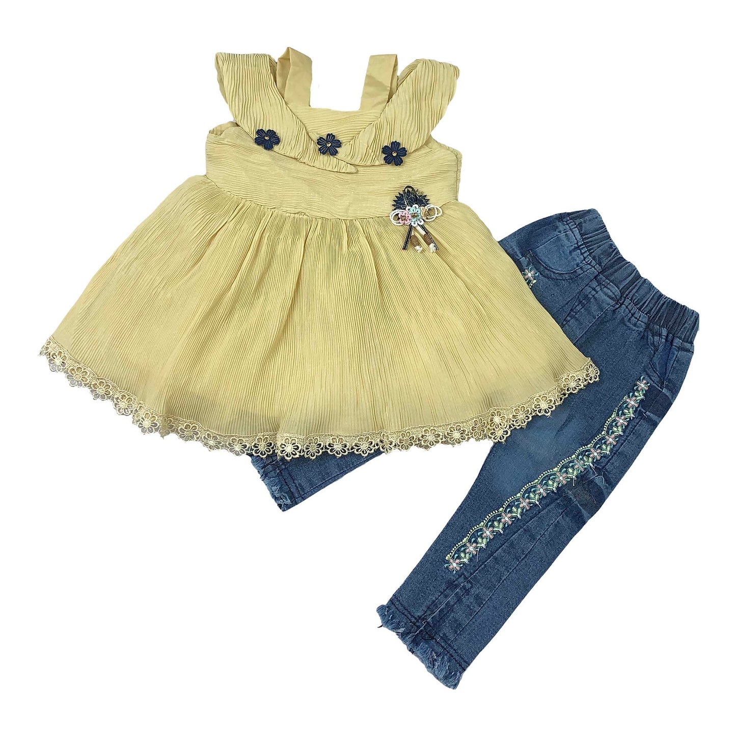 Girls Frock with Embroidered Denim Jeans