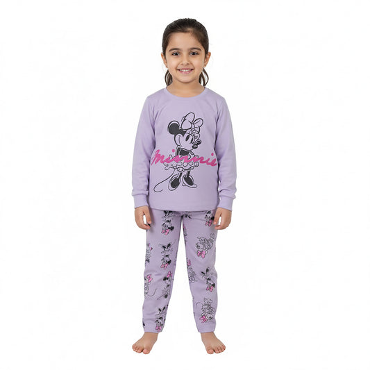 Girls Green & Light Purple Minnie Mouse Set with Printed Shirt and Bottom