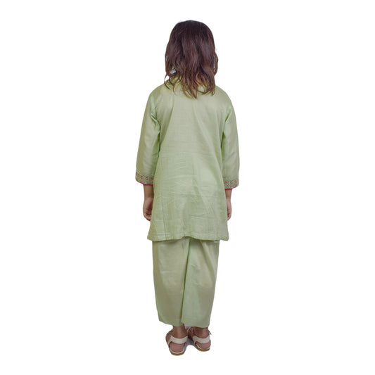 Girls Light Green Embroidered Shalwar Kameez with Embroidered Front & Cuffs | KidZaar