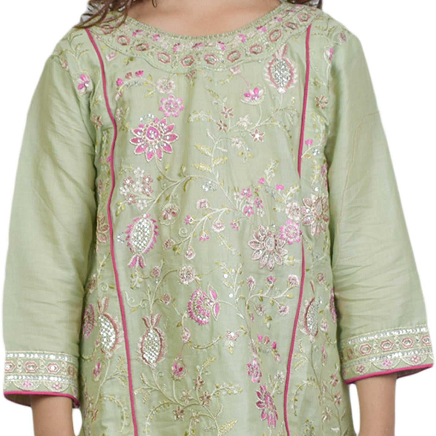 Girls Light Green Embroidered Shalwar Kameez with Embroidered Front & Cuffs | KidZaar