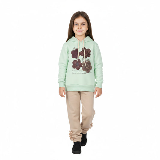 Girls Light Green & Pink Terry Co-ord Set with Floral Printed Hoodie