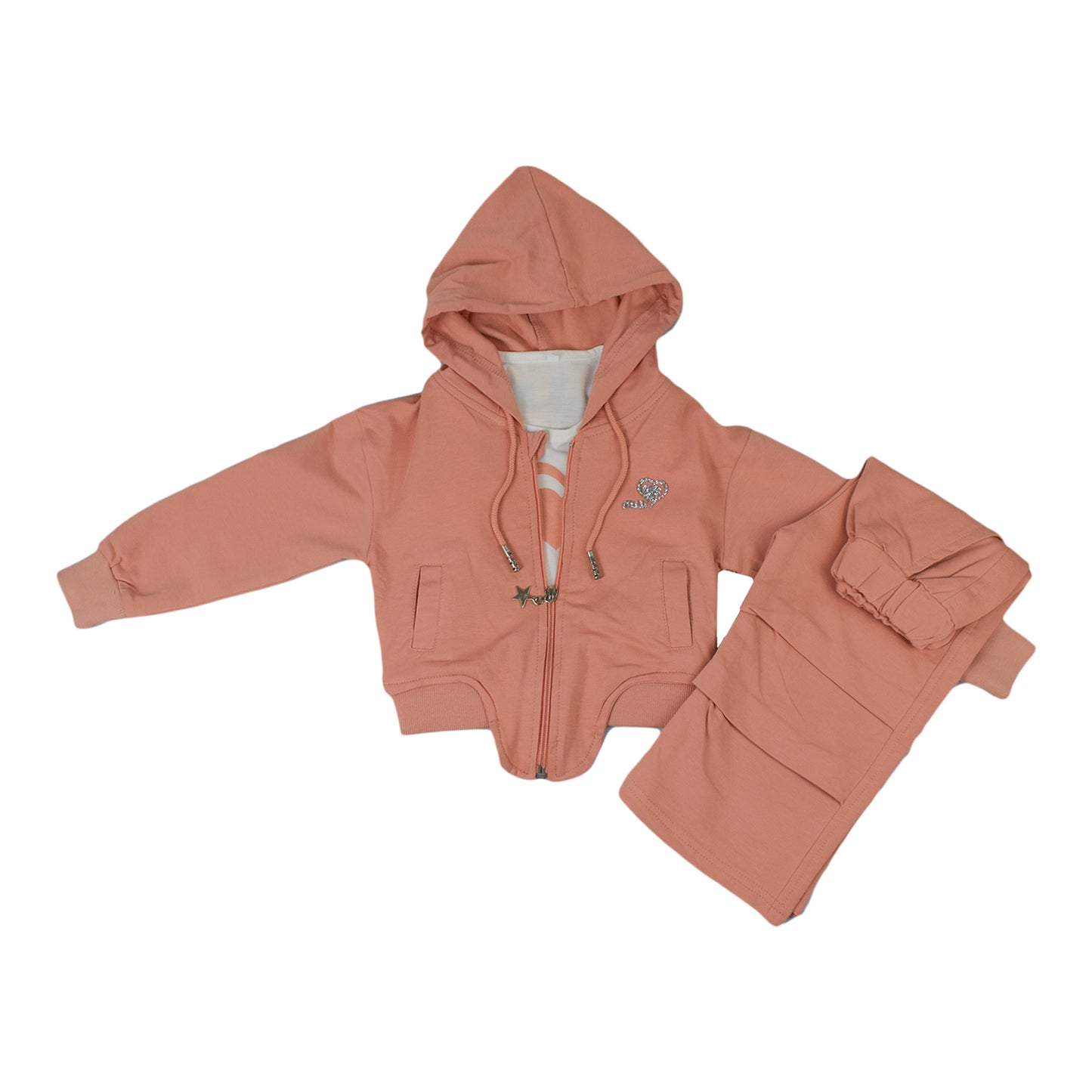 Girls Light Peach Pink Terry Co-ord Set with Hooded Zip-Up Top & Jogger Bottoms