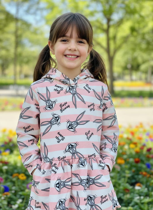 Girls Light Pink Rabbit Printed Frock