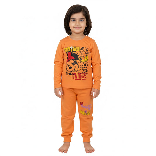 Girls Minnie & Daisy Printed Cotton Suit – Mustard Orange & Light Orange