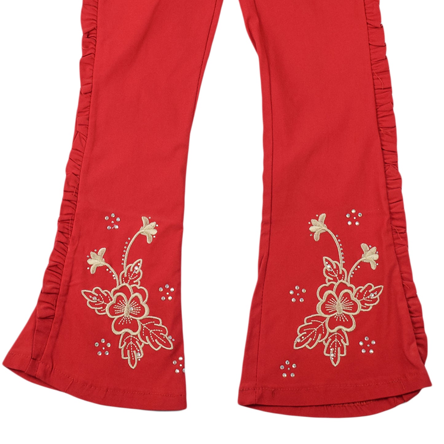 Girls Red Embroidered Trouser with Frill Sides – Stylish Cotton Bottoms Girls