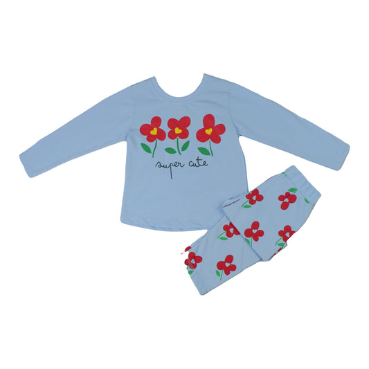 Girls Sky Blue Floral Set – Cute & Comfortable Top and Bottom for Kids