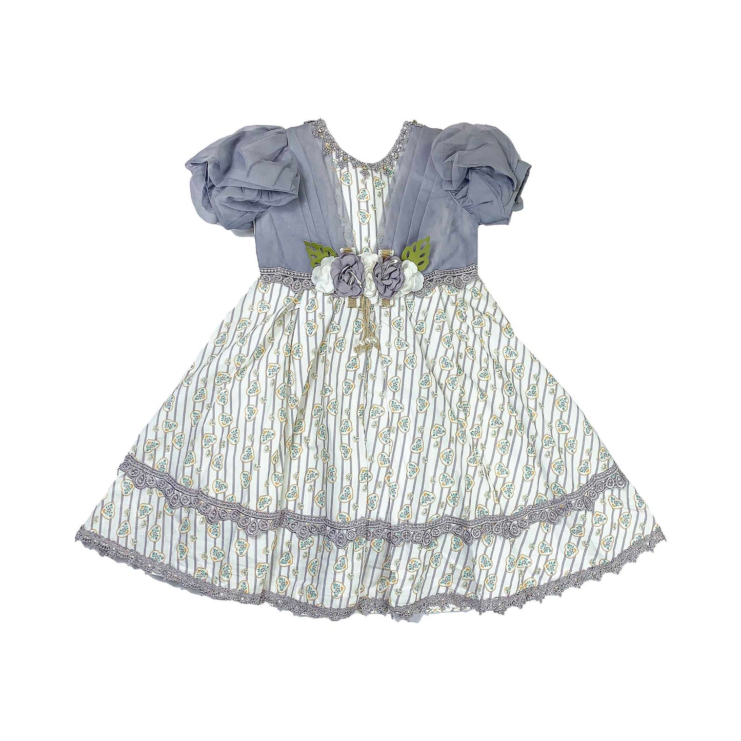 Girls White Cotton Frock with Yellow & Frost Blue Floral Design and Silver Net Shoulders