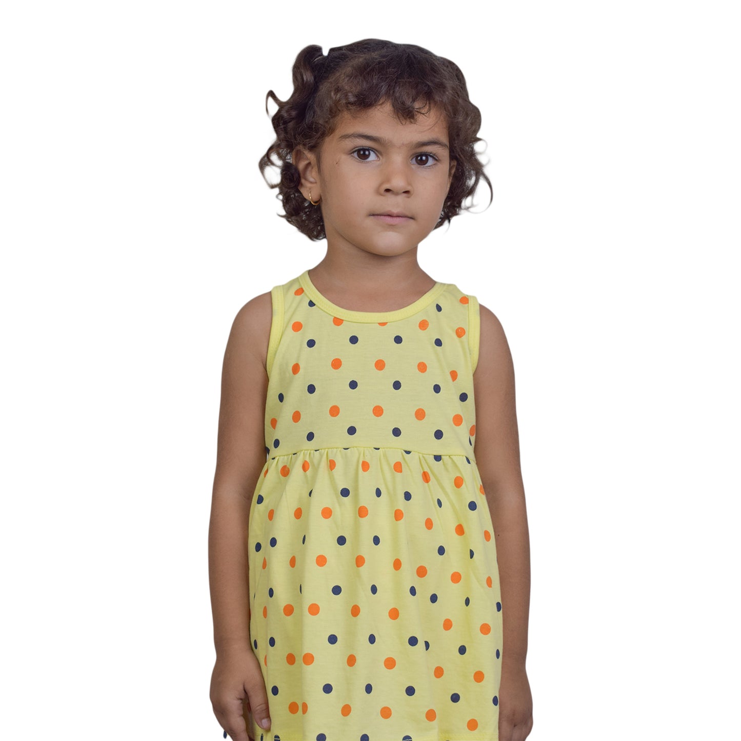 Girls Yellow Top with Orange & Blue Polka Dot Design