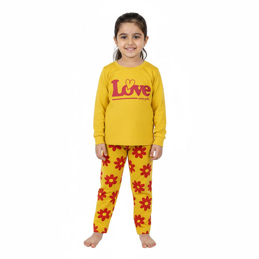 Girls Yellow Winter Set | Love Everyday” Sweatshirt with Floral Printed Bottom