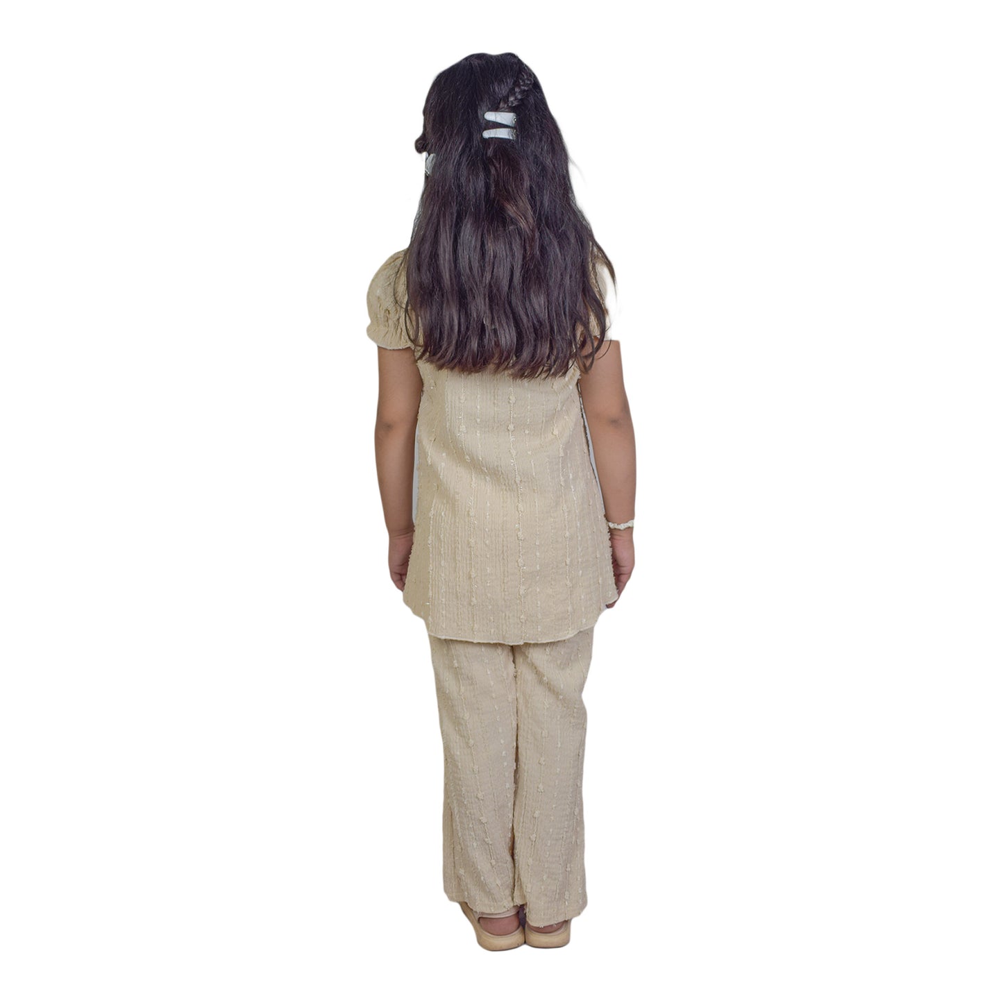 Girls Peach Green & Cream White Fancy Kurti & Trouser Set Pearl Embellished Party Wear