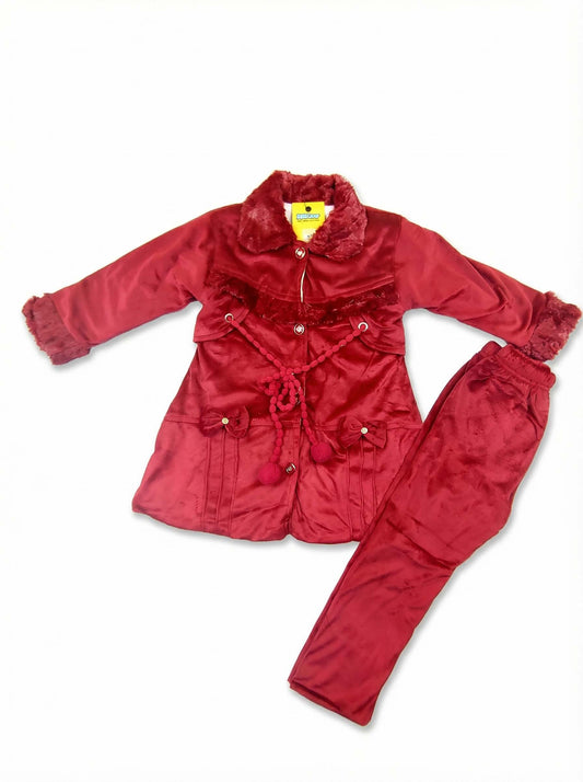 Maroon Velvet Girls Winter Suit | Soft & Warm Party Wear Set