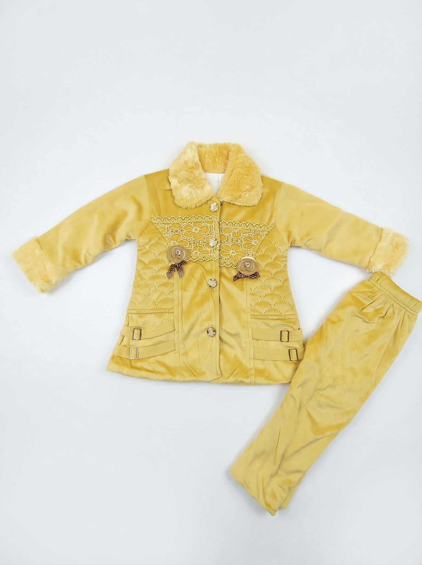 Girls Mustard Velvet Winter Suit | Soft & Warm 2-Piece Set