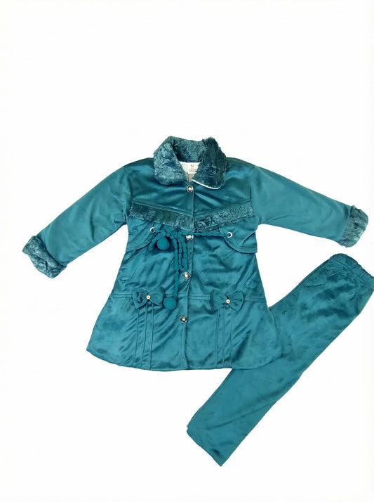 Girls Winter Velvet Coat & Pants Set | Soft Warm Stylish Outfit