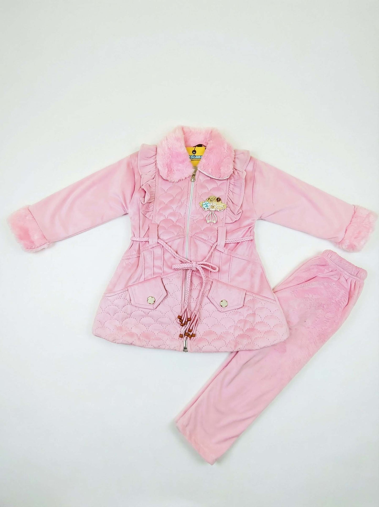 Girls Pink Velvet Winter Coat & Pants Set