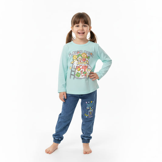 Girls Flower Drink Printed Terry Shirt & Denim Jeans Set – Ferozi Color