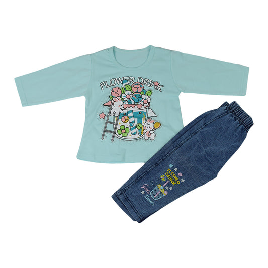 Girls Flower Drink Printed Terry Shirt & Denim Jeans Set – Ferozi Color