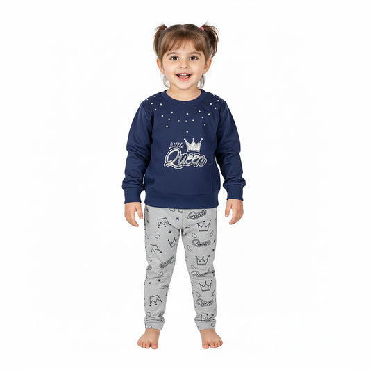 Little Queen Navy Sweatshirt & Grey Printed Trouser Set for Girls