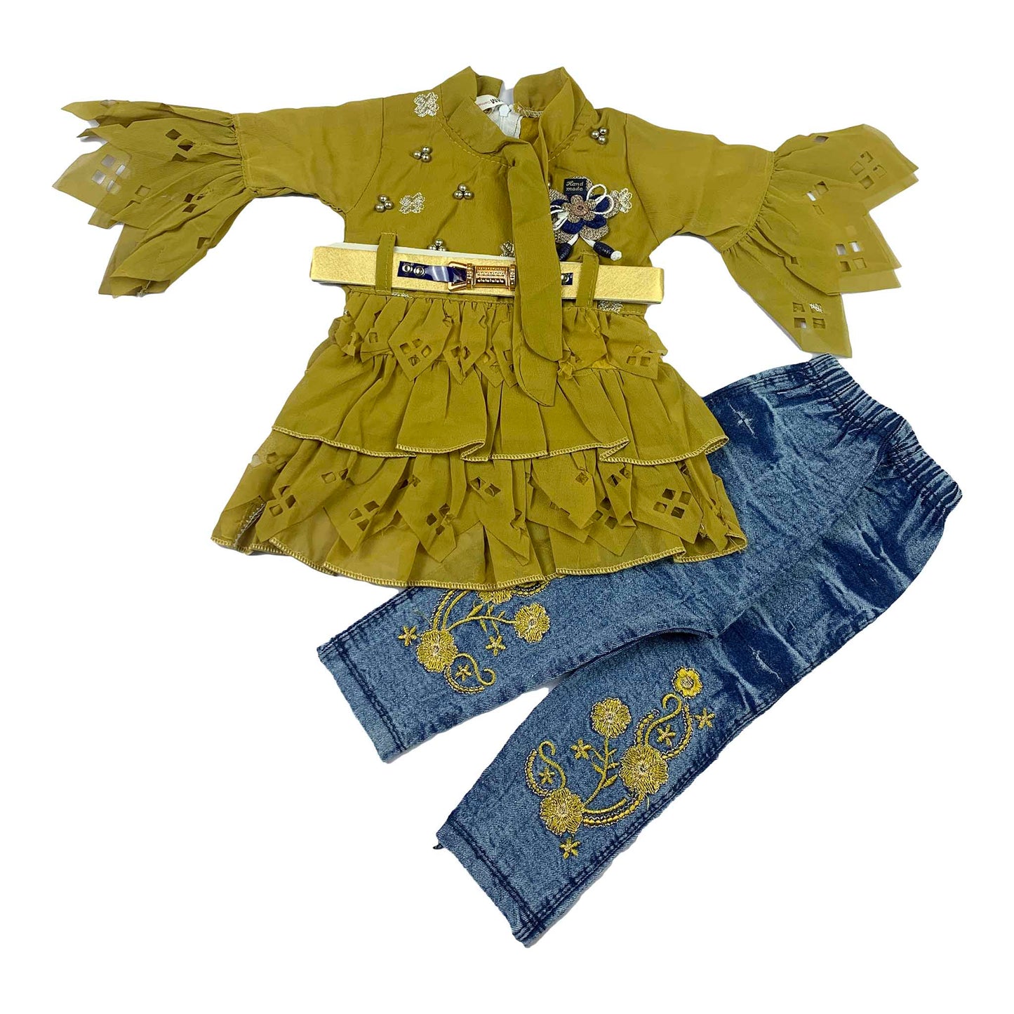 Stylish Mehndi & Red and Silver Embroidered Party Frock with Jeans for Baby Girls