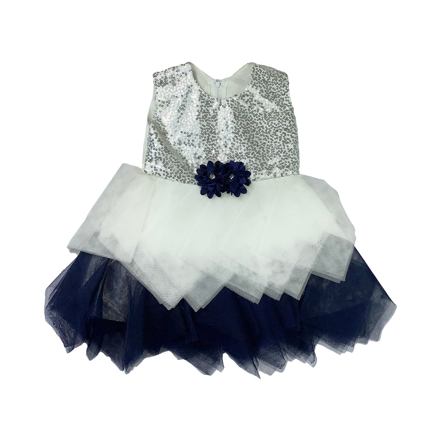 White & Navy Blue Frock with Sequin Work for Girls