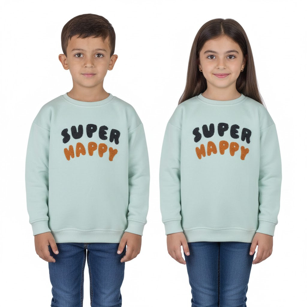 Kids “Super Happy” Unisex Sweatshirt – Soft Mint Green