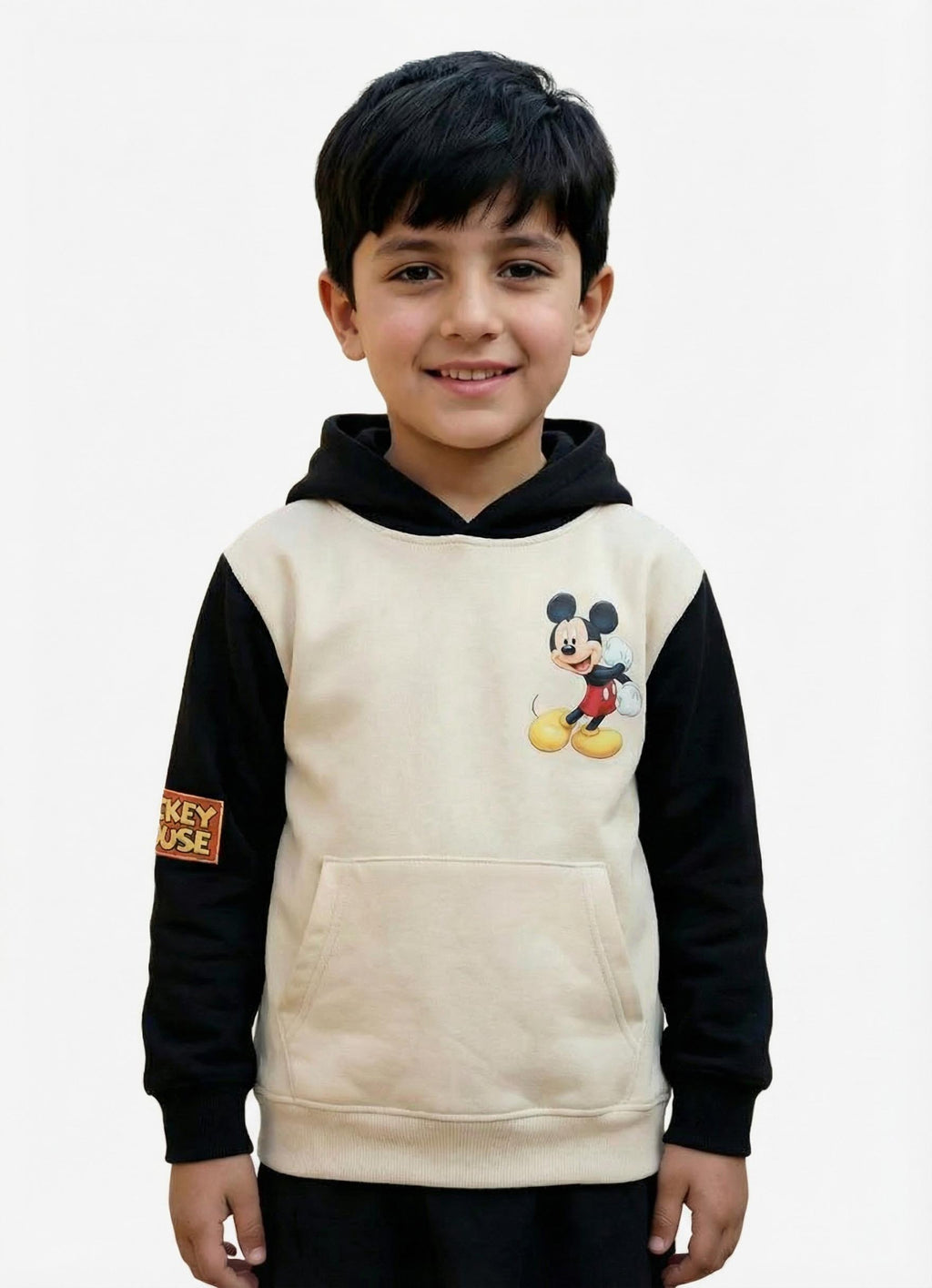 Boys Mickey Mouse Hoodie – Cream & Black Warm Cotton Sweatshirt