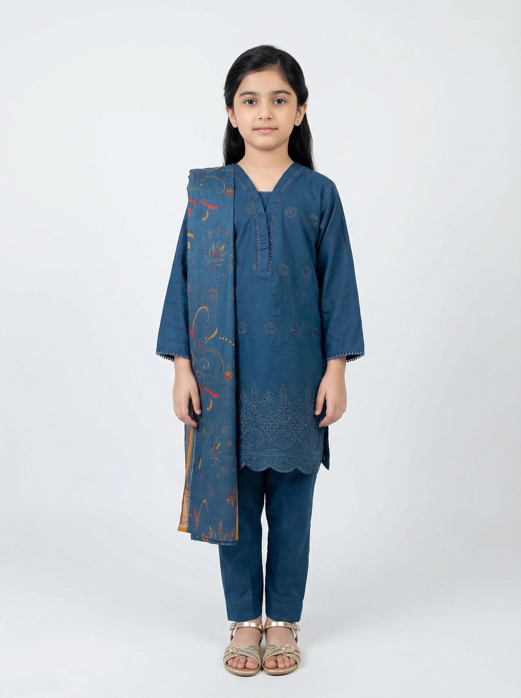 Cotton Suit with Chiffon Dupatta | Blue & Green