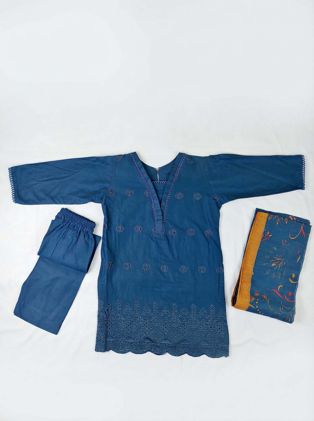 Cotton Suit with Chiffon Dupatta | Blue & Green