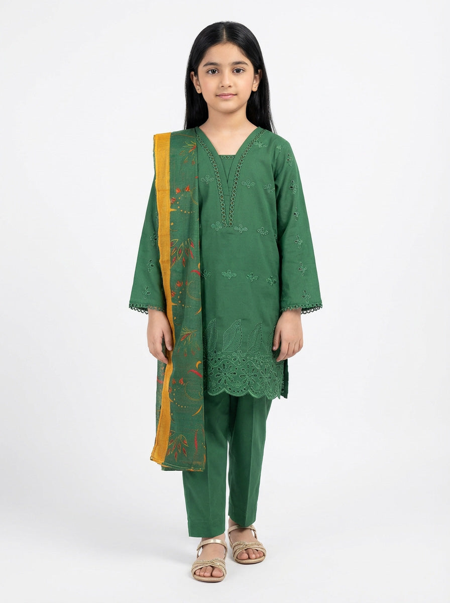 Cotton Suit with Chiffon Dupatta | Blue & Green