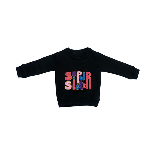 Black Baby Girls Sweatshirt with “Super Sister” Patch