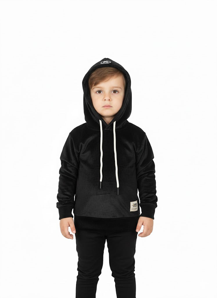 Boys Velvet Hoodie | Brown & Black Winter Comfort