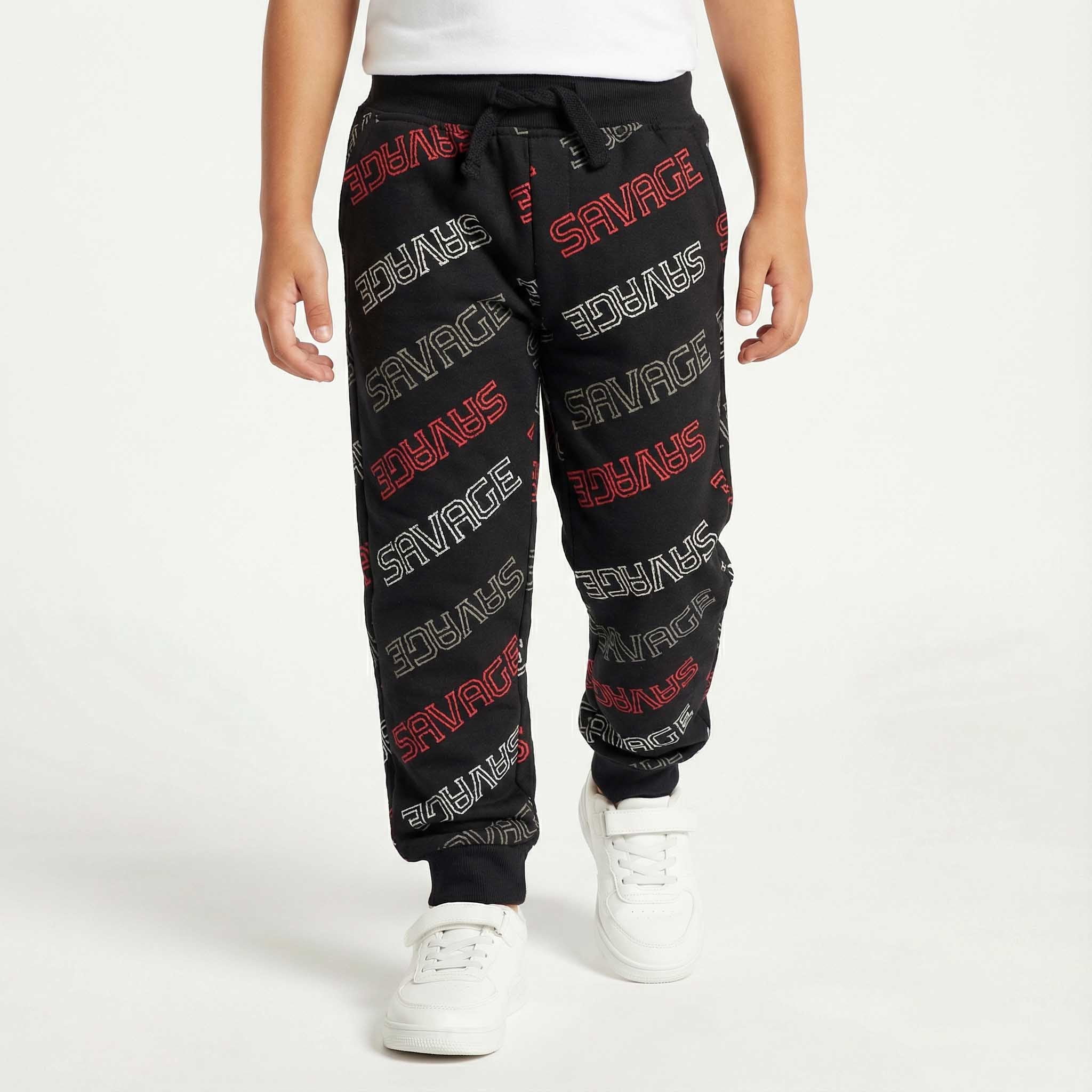 Boys Winter Black Trouser with White & Red “Savage” Print
