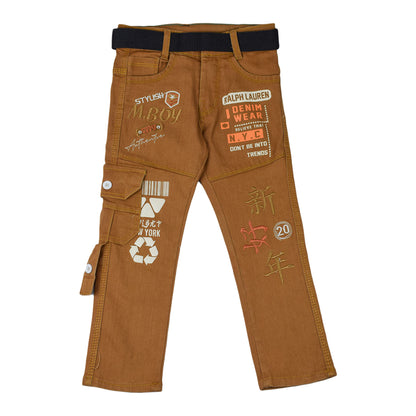 Boys Brown Cargo Denim Pants with Embroidered Patches