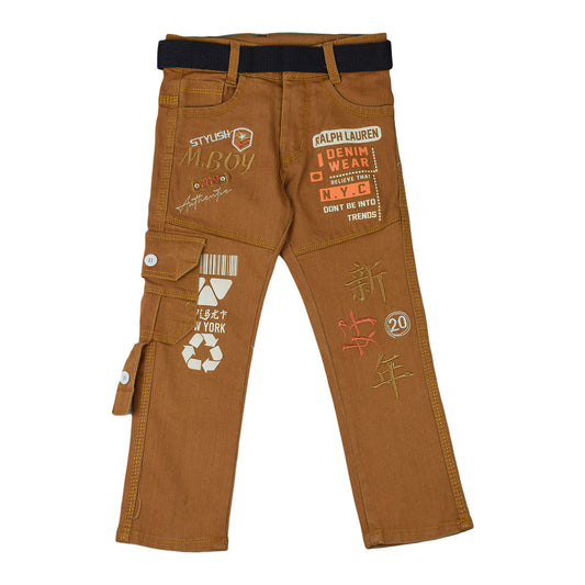 Boys Brown Cargo Denim Pants with Embroidered Patches