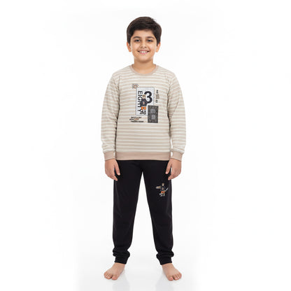 Boys Cartoon Printed Winter Lining Shirt & Trouser Set | Cream & Black Fleece