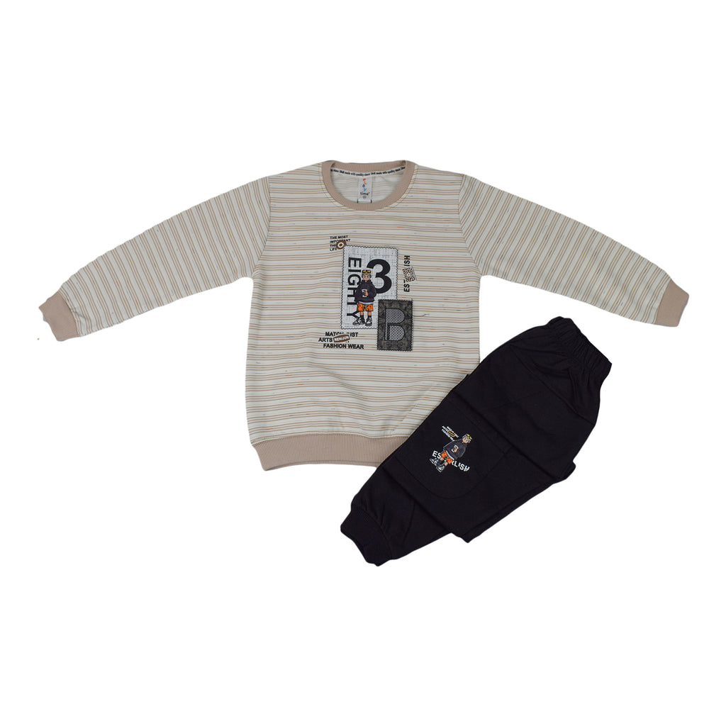 Boys Cartoon Printed Winter Lining Shirt & Trouser Set | Cream & Black Fleece