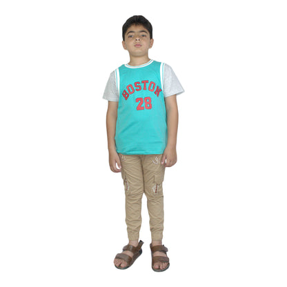 Boys Ferozi and Orange  T-Shirt | Casual Round Neck Tee by Kidzaar