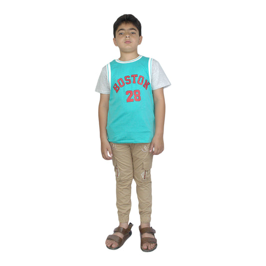 Boys Ferozi and Orange  T-Shirt | Casual Round Neck Tee by Kidzaar