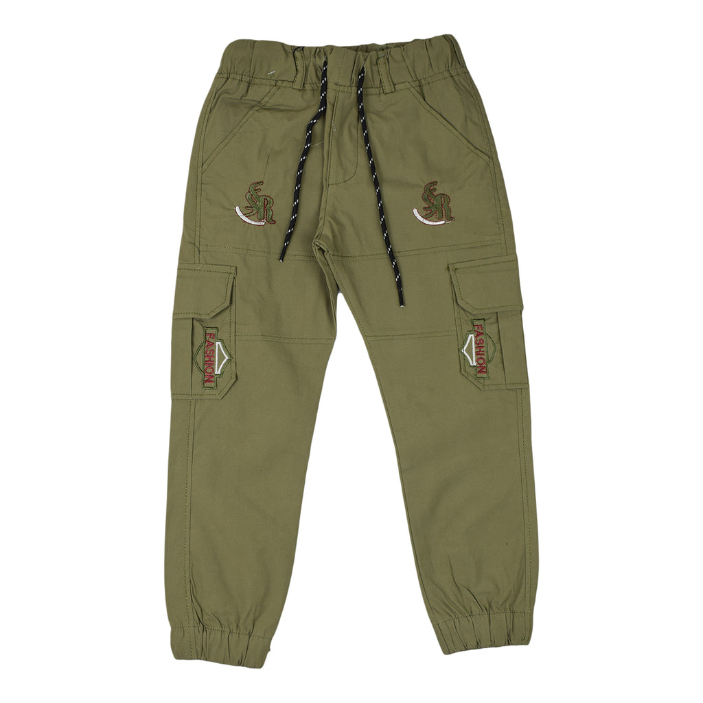 Boys Green Cargo Jogger Pants : Stylish Cotton Trousers for Kids